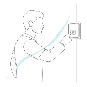 Man pressing buttons on control panel for system operation technology interface user interaction machine control management.