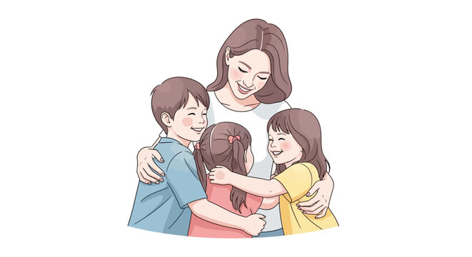 A cheerful cartoon mother embraces her three happy children in a warm hug against a clean white background, creating a heartwarming scene that suggests a loving family celebration