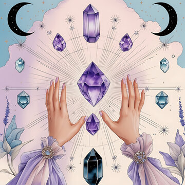 Ethereal illustration of mystical hands in purple blouse sleeves reaching for a floating purple amethyst crystal surrounded by sacred geometry, crescent moons, and sparkling stars.