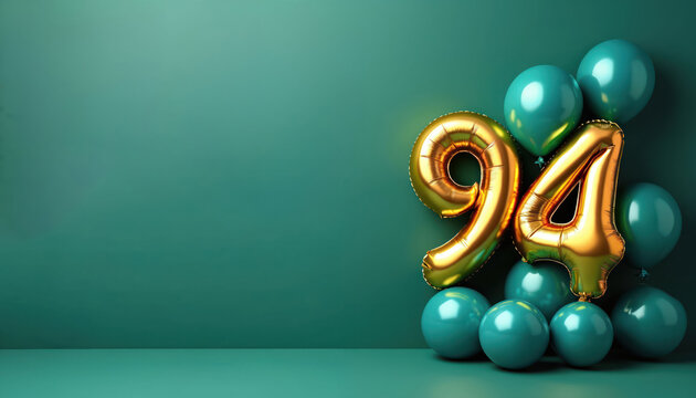 Golden number 94 balloons with teal spheres float against teal backdrop. Festive decoration celebrates a milestone or anniversary. Ideal for invitations or greeting cards.