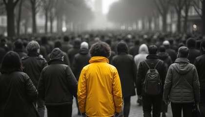 Fototapeta premium Person in yellow jacket walks among dark figures on street. One person stands out from crowd. Individual separates from group. City walk, unique person in throng.