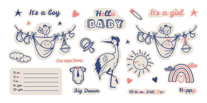 A large set of hand-drawn doodle-style scrapbooking stickers for a baby's birthday. Newborn baby, children's party. Children's party. Cute vector design