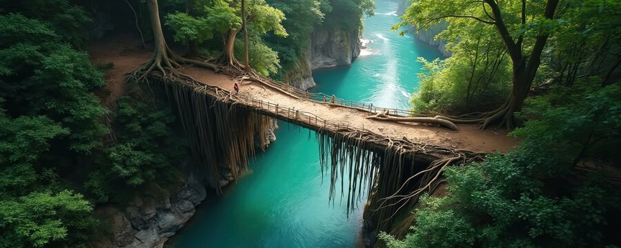 Living root bridge spans turquoise river in dense jungle. Person walks over natural walkway, surrounded by rich green trees and vines. Amazing eco wonder, exotic travel destination.