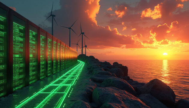 Data center servers and wind turbines stand on rocky shore near ocean at sunset. Green glowing digital grid path leads to server racks. Renewable energy powers future tech.