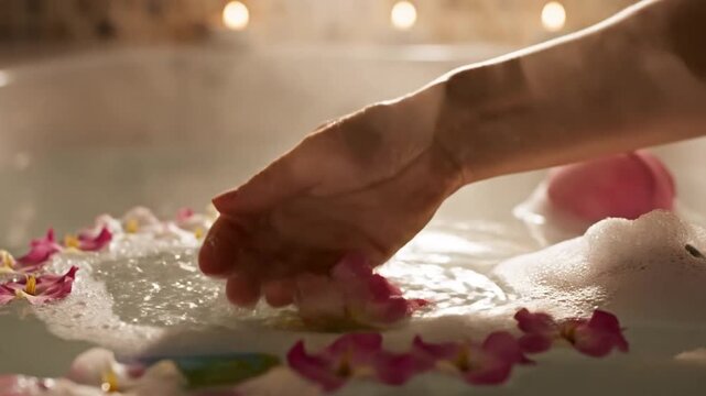 Hand dissolving colorful bath bomb in relaxing warm bath water