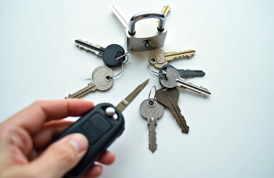 Hand holds car remote key near padlock and many other keys. Choosing correct key for lock metaphor. Decision making about security and access.