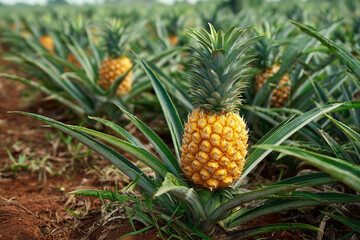 Fototapeta premium Pineapple plant with ripe fruit, tropical pineapple plant with green spiky leaves and golden pineapple growing in the middle