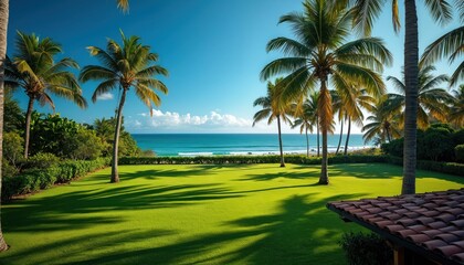 Fototapeta premium Rich green lawn fronts calm ocean waves under bright blue sky. Tall palm trees cast long shadows on grass. Hedges line yard edge, leading to tropical beach.