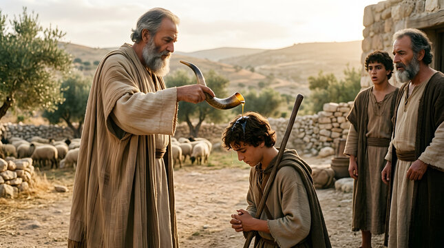 Biblical scene of an elderly man anointing a young boy with oil from a horn while others watch in a rural setting