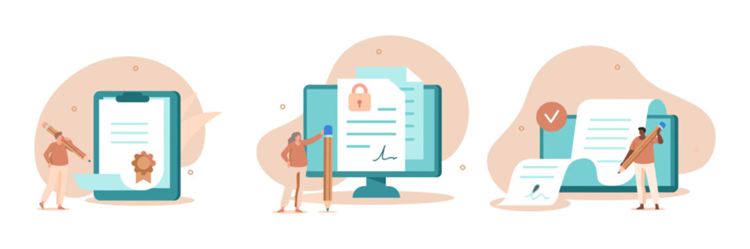 Digital signature and document verification process on various devices with flat design document verification smartphone computer electronic contract agreement security approval technology