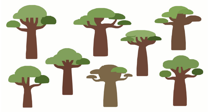 Stylized Madagascar baobab trees in 3D inspired vector for landscape and architecture visualization isolated on white