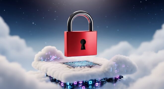 Red padlock on a fluffy cloud above a grid. Dark sky with stars, digital concept