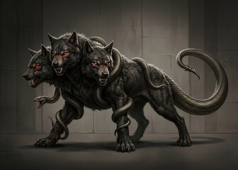 Fototapeta premium Triple-Headed Beast Wrapped in Living Shadows