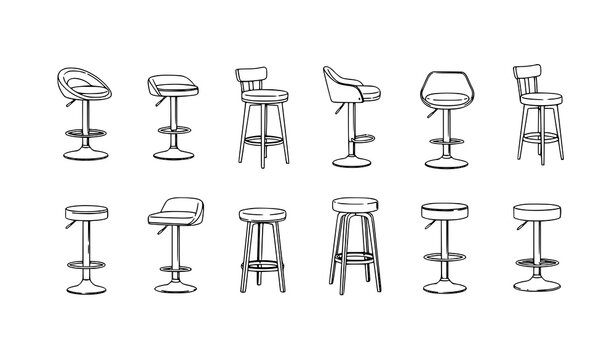 Bar stool line art vector icon set furniture collection on white