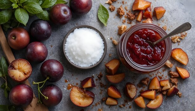 Top-view image of plum jam preparation: chopped plums, jar filled with jam, sugar bowl, spoon, fresh