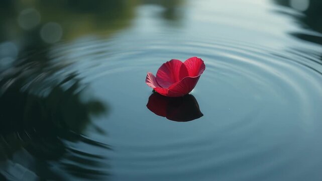 Tranquil Water Ripples with a Floating Red Flower Creating a Serene Atmosphere