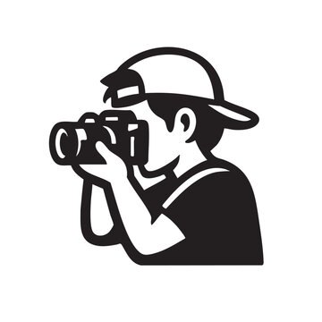 Young Boy Photographer Taking Photo with Digital Camera Vector