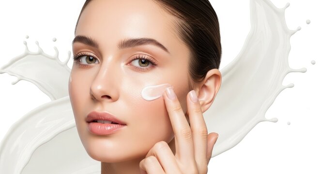 Beautiful woman applying cosmetic cream to face a guide to flawless skin and makeup application techniques