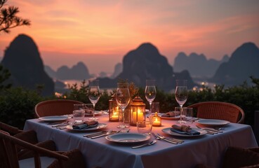 Fototapeta premium Table set for dinner on rooftop at dusk with mountain and sea views. Romantic atmosphere with candles and glasses. Ideal for travel or luxury lifestyle.