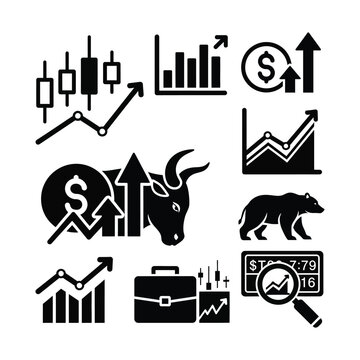 Stock market trading icons set, financial bull and bear market symbols, investment growth charts and data analytics