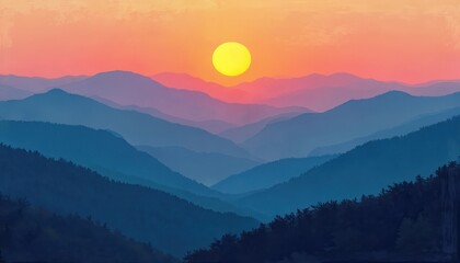 Obraz premium Illustration shows layered blue mountain ranges fading into distance. Bright yellow sun sets over hazy peaks. Warm orange sky gradients above dark pine forests below.