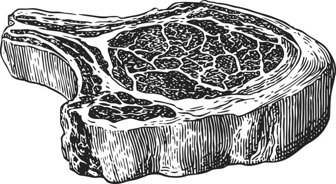 hand drawn vintage steak illustration detailed grilled meat slice with bone, textured shading, black and white engraving