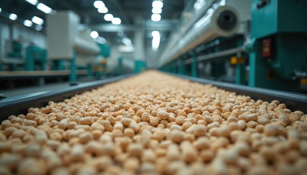 Industrial factory conveyor belt full of biomass pellets. Automated machinery produces compressed organic fuel for heating and energy generation. Sustainable resource processing.