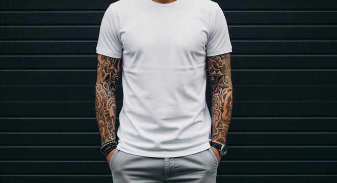 Man with full sleeves of intricate tattoos wearing a white t-shirt and grey pants standing against a dark wall