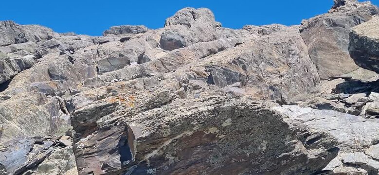 Rocky cliffs of Karatau with camouflage chukar partridges hidden on slopes.