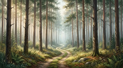 Fototapeta premium Misty pine forest with winding dirt path through tall evergreen trees.