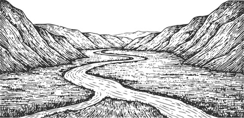 Obraz premium river winding through mountain valley landscape sketch with flowing water and rugged hills