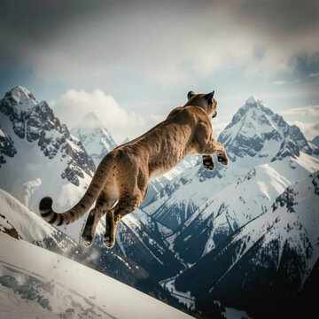 Wild cougar jumping over snowy mountain peaks.