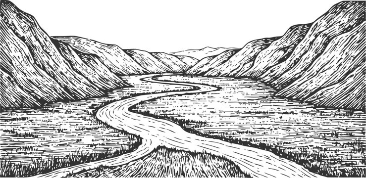 river winding through mountain valley landscape sketch with flowing water and rugged hills