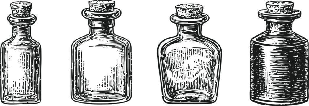 Set of four vintage glass bottles with cork stoppers in detailed black ink engraving