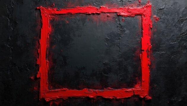 Rough red square frame on textured black wall background. Abstract art, grunge style, industrial, weathered surface. Modern graphic design element for grunge or gritty themes.