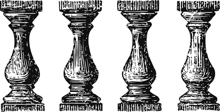 Vintage carved wooden baluster set antique spindle columns with detailed ornate designs and textured finish