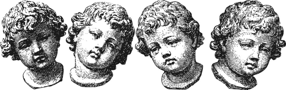 Vintage engraved cherub heads set four detailed angel faces with curly hair, classic antique illustration