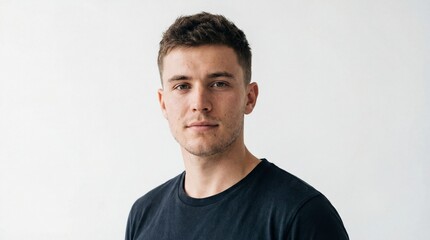 Fototapeta premium A young, handsome man with a serious expression looks directly at the camera, exuding confidence and approachability. The image is a studio shot that has been expertly lit.