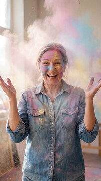 An elderly woman, smiles ecstatically as she's engulfed in a cloud of colorful powder. Witness the moment of vibrant fun and pure joy. 