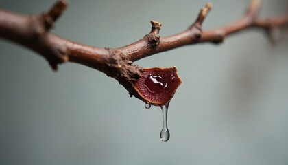 Fototapeta premium Close-up of a grapevine branch with oozing from a cut. Red liquid drips slowly from the wounded plant tissue. Detailed view shows a fresh wound on the woody stem.