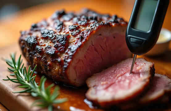 Roast beef cooking checked with meat thermometer. Juicy pink inside, brown crusty outside. Rosemary sprig adds aroma. Perfect doneness for dinner.