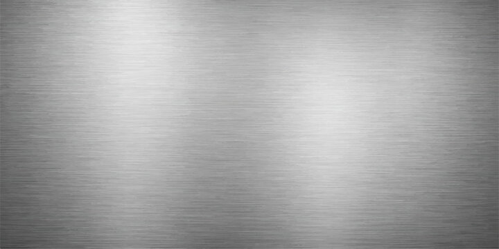 Industrial brushed silver metal plate with a polished stainless steel texture and shiny aluminum surface pattern featuring grey metallic reflections on a grey material background