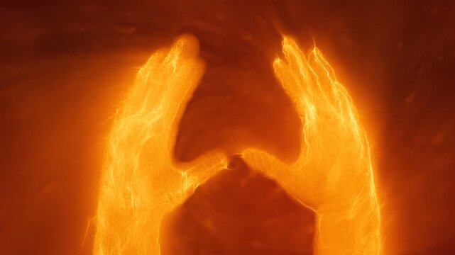 Burning hands concept animation, inferno background, built from particles
