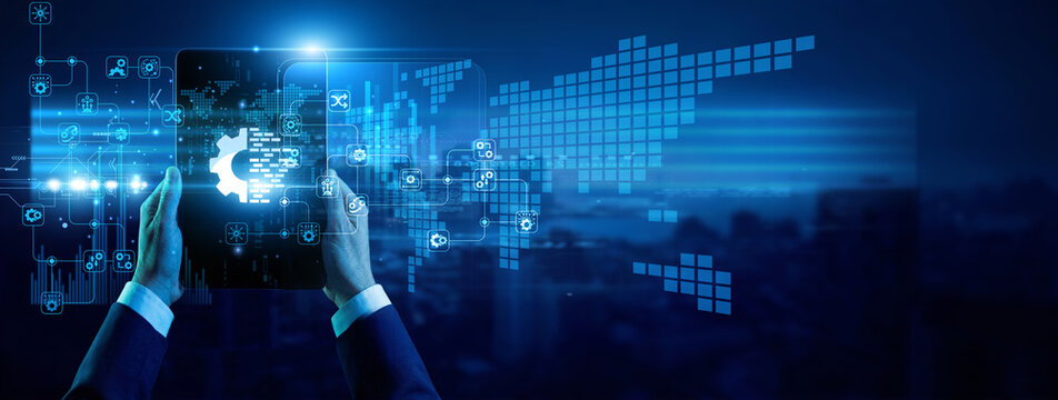 IT consultant hands hold modern tablet Transformation process mapping. Digital evolution strategies modernize corporate infrastructure through cloud systems. Business transformation and data.
