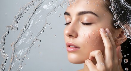 Naklejka premium Radiant beauty a woman applying cosmetic cream for flawless skin highlighting skincare and makeup application techniques
