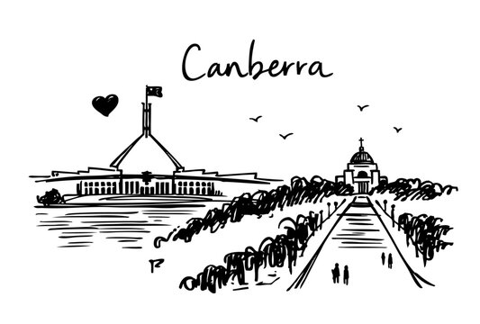 Canberra Sketch Displaying Parliament House and Australian War Memorial Along Anzac Parade, Capturing Australia's Capital City With People Exploring the National Landmarks During the Day