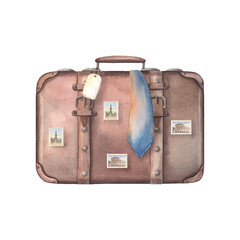 Hand-painted watercolor of brown leather suitcase with blank tag, travel stamps, and tie isolated on white. Perfect for travel, business themes, branding, advertising, posters, websites, packaging © Anastasiia
