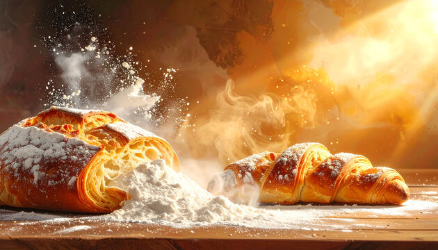 Fresh bread and croissant with flour