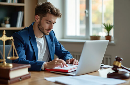 Lawyer in blue jacket works with laptop computer and documents at desk. Scales of justice and gavel symbolize legal profession. Pro legal consultation and business law.