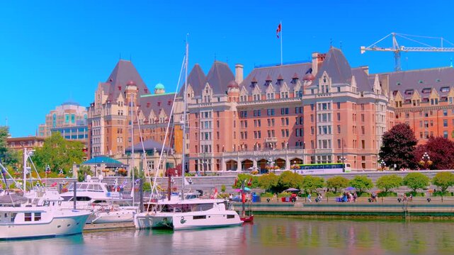 Victoria, BC, Canada &ndash; April 16, 2026: The Fairmont Empress hotel and Inner Harbour marina on a sunny day
